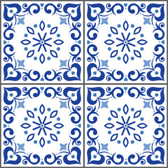 Portuguese and Spanish inspired Azulejo tile seamless vector pattern in navy blue - perfect for textile and fabric print