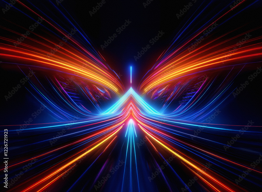Poster abstract light streaks create a vibrant, symmetrical design resembling a butterfly or tunnel, with i