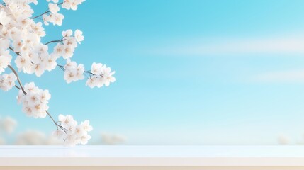 Fototapeta premium Blossoming cherry tree branches against a bright blue sky create a serene and tranquil outdoor atmosphere during springtime