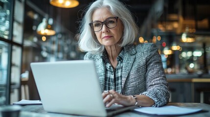Mature Woman Working on Laptop in Modern Cafe Setting