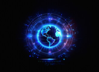 Obraz premium Glowing blue Earth encircled by a futuristic, technological HUD. The image evokes a sense of global connection and digital innovation.