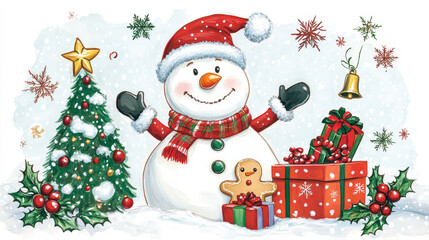 Winter holidays greeting card of Christmas snowman with gift. Present box with ribbon, candy and gingerbread cookie, decorated with Xmas tree and holly wreath, bell, star and snowflake for Xmas design