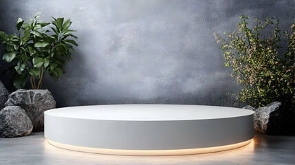 White Round Podium with Plants and Rocks on Grey Textured Background