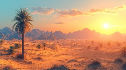 Desert sunset landscape; oasis palm trees