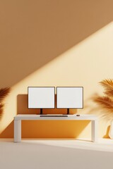 Minimalist workspace features dual monitors, clean lines, and so