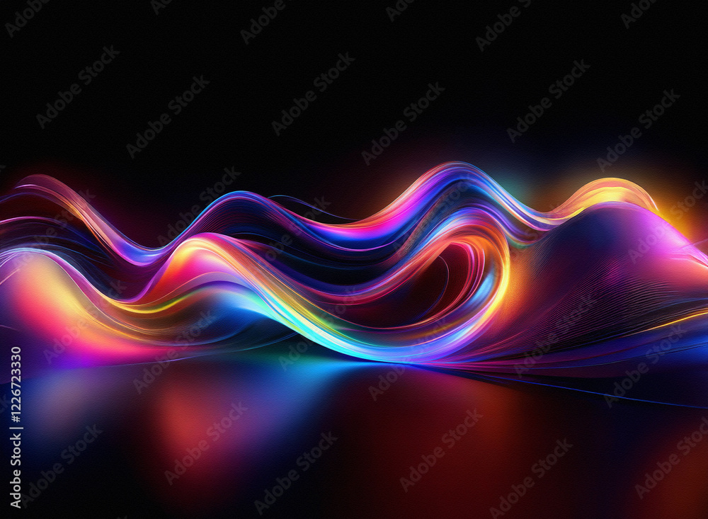 Fototapete Vibrant, luminous waves of color flow across a dark, reflective surface.  The abstract forms create a mesmerizing, dynamic scene.