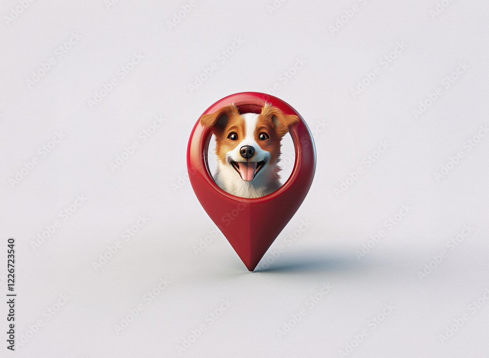 Poster a happy dog's face is nestled inside a red location pin, set against a simple white background. this