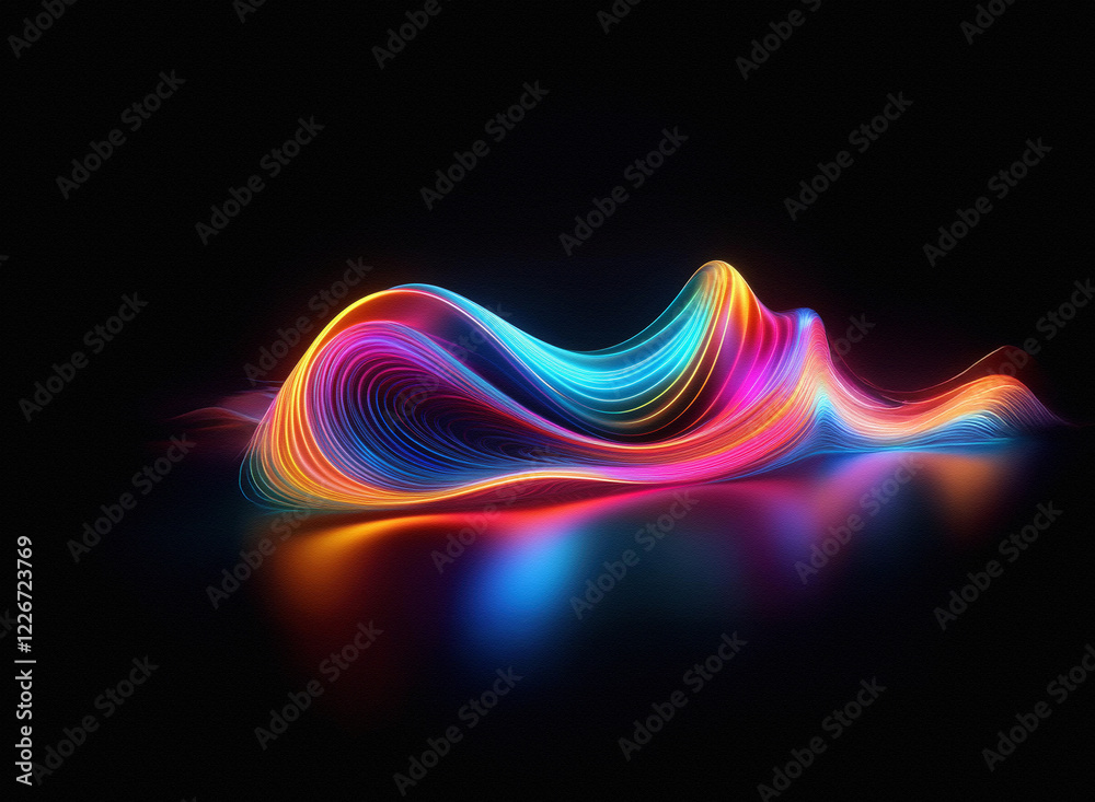 Aufkleber vibrant, multicolored light trails form a flowing, abstract shape against a black background. the lu