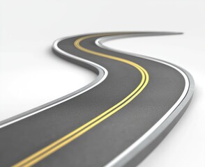 Winding road in 3D, artistically depicted curving on a clear clear background.