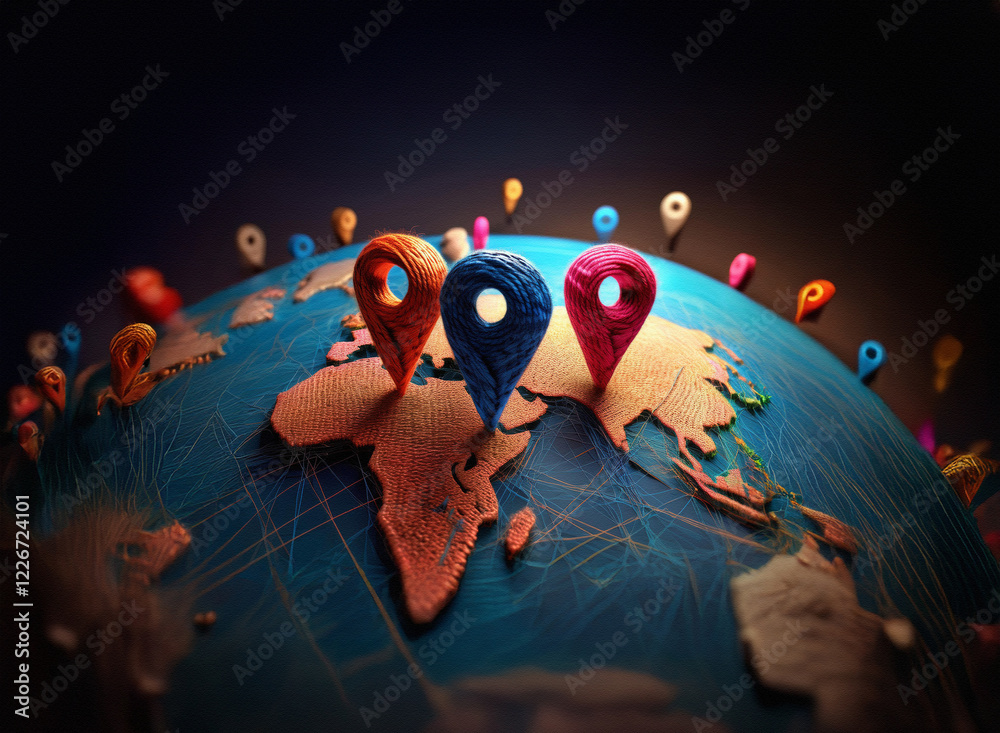 Poster a clay globe features numerous colorful location markers, symbolizing global connectivity and travel