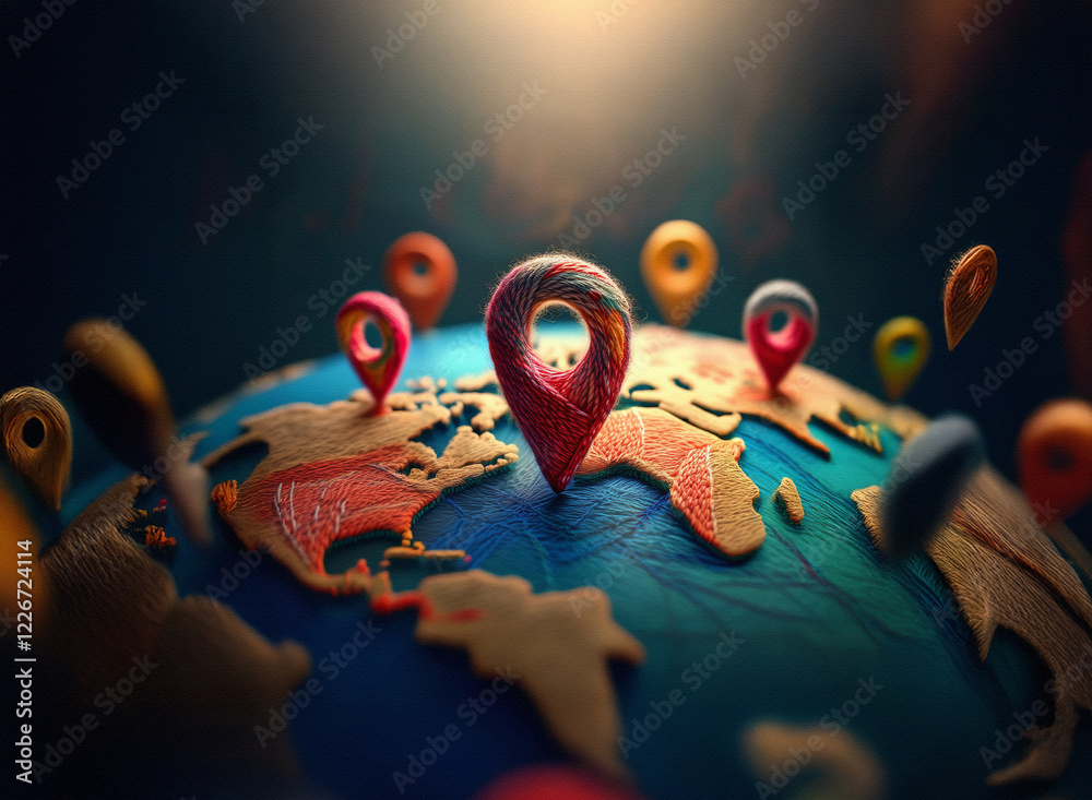 Poster A stylized clay globe features multiple colorful location markers, symbolizing global connectivity and exploration.  The central marker is prominently displayed, suggesting a key destination.