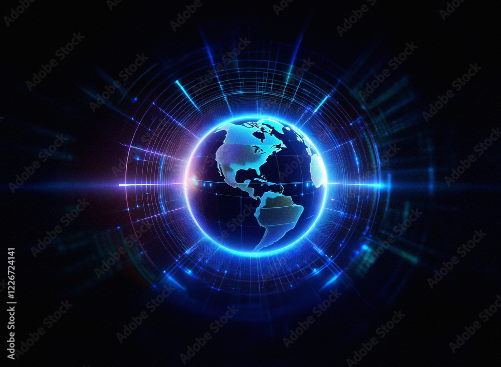 Poster a glowing blue orb representing earth is encircled by a futuristic, technological interface, suggest