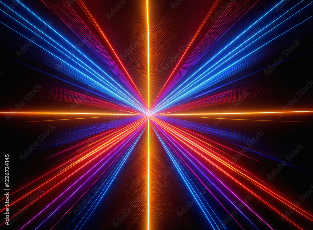 Poster vibrant, multicolored laser beams converge at the center, radiating outwards in a symmetrical patter