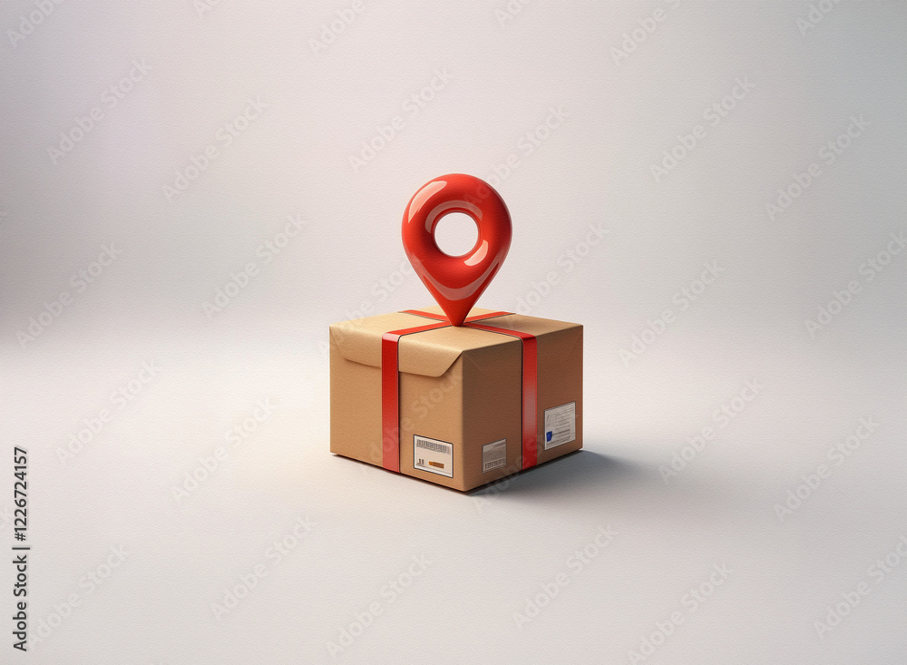Poster a small cardboard box, secured with a red ribbon, sits on a white background. a red location marker 