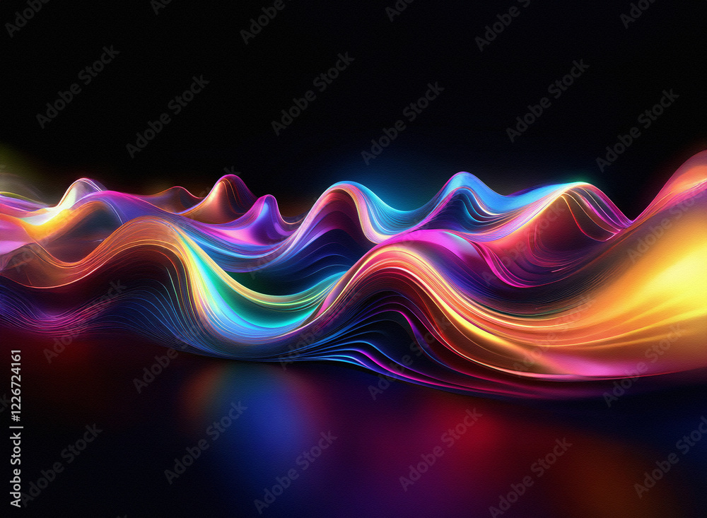 Aufkleber Vibrant, iridescent waves flow across a dark background, creating a mesmerizing, abstract landscape of light and color.  The smooth curves and reflections add depth and texture to this digital artwork