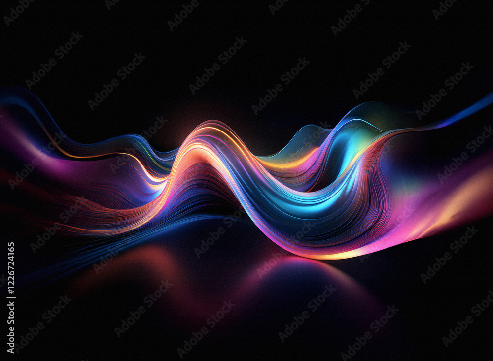 Leinwandbilder Abstract image of vibrant, iridescent waves flowing across a dark background, creating a sense of movement and energy.  The waves are reflective, showing a mirrored effect.
