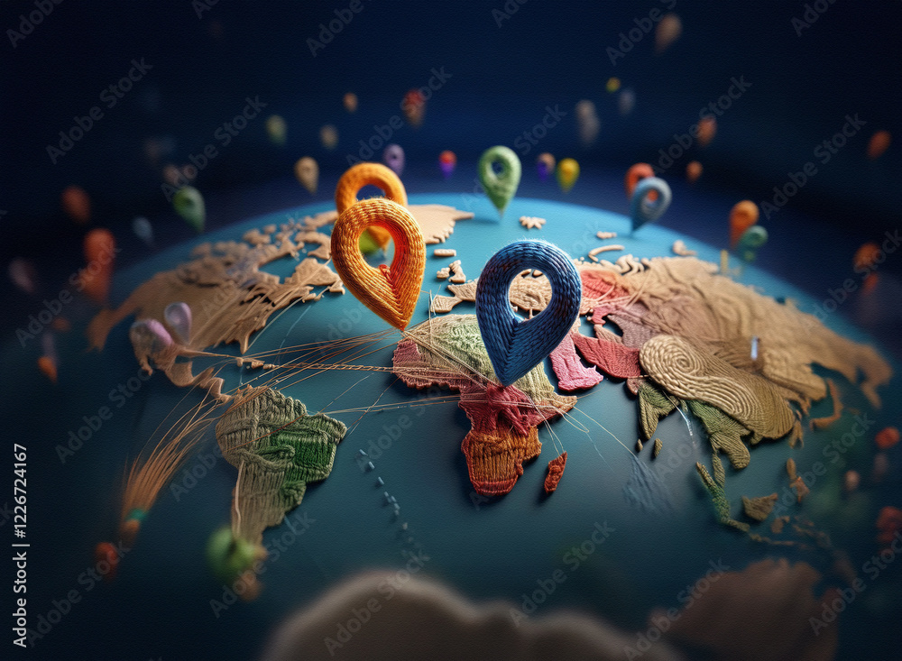 Poster A 3D rendering of colorful location pins scattered across a miniature Earth, emphasizing global reach and connectivity.