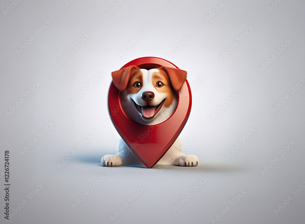 Poster happy dog nestled within a large red location pin, against a muted gray backdrop. a playful, digital