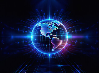 Fototapeta premium A glowing digital globe, radiating energy, symbolizes global connectivity and technological advancement. Data streams and light trails emanate from its core, representing a fast-paced, interconnected