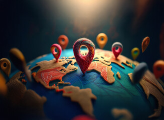 A stylized clay globe features multiple colorful location markers, symbolizing global connectivity and exploration.  The central marker is prominently displayed, suggesting a key destination.