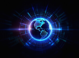 Obraz premium A glowing blue orb representing Earth is encircled by a futuristic, technological interface, suggesting global connectivity and digital innovation. Lines of light radiate outwards, creating a dynamic
