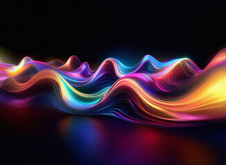 Vibrant, iridescent waves flow across a dark background, creating a mesmerizing, abstract landscape of light and color.  The smooth curves and reflections add depth and texture to this digital artwork