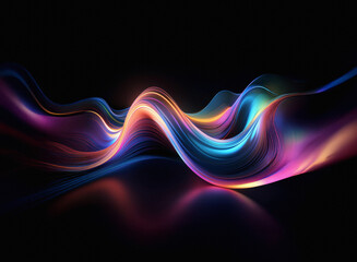 Abstract image of vibrant, iridescent waves flowing across a dark background, creating a sense of movement and energy.  The waves are reflective, showing a mirrored effect.