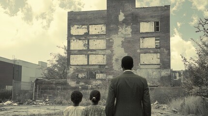 A visual representation of affordable housing challenges, with families in front of a dilapidated building, evoking empathy and urgency 