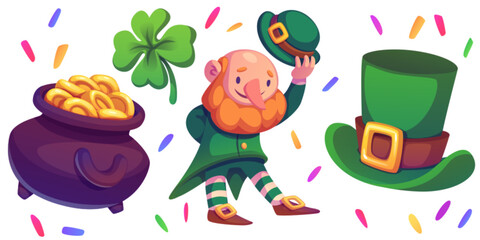 Saint Patrick day celebration set - cheerful leprechaun character, dark pot filled with golden coins, emerald shamrock leaf, green top hat with buckle, colorful confetti. Holiday greeting elements.