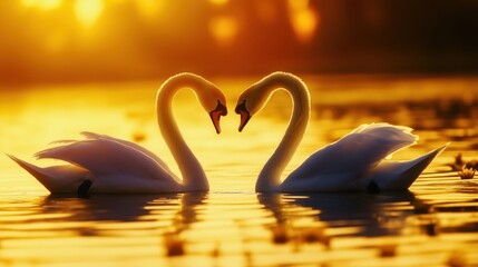 Swans gracefully swim together at sunset in tranquil lake waters creating a serene and romantic atmosphere