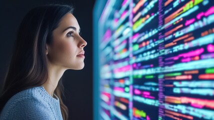 A focused woman gazes at a vibrant screen filled with colorful code, illustrating a deep engagement with technology and data analysis.