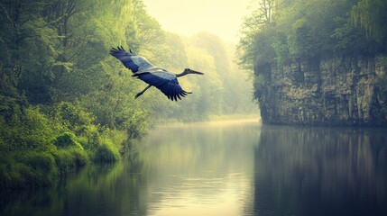 Obraz premium Majestic heron glides over tranquil river surrounded by lush greenery at sunrise
