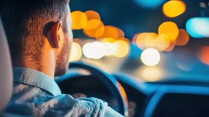 A man driving a car at night, with vibrant city lights reflecting in the background, creating a dynamic and atmospheric scene.