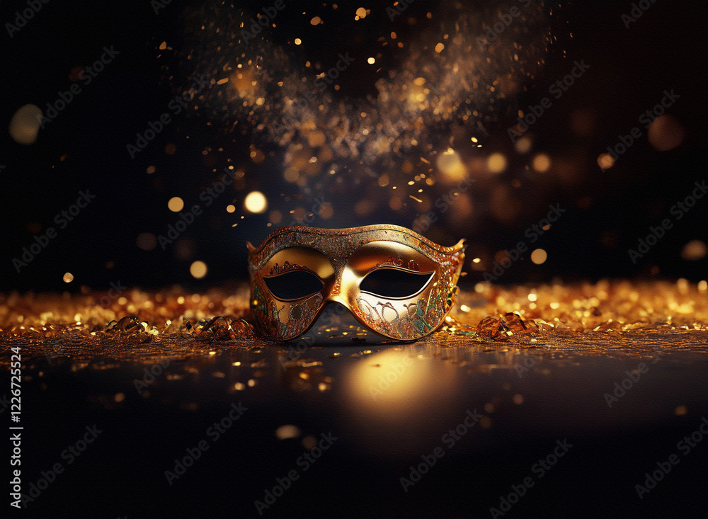 Poster a gold masquerade mask rests on a dark surface, surrounded by shimmering golden confetti, creating a