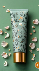 Fototapeta premium Teal Floral Cosmetic Tube with Rose Petals on Green Background