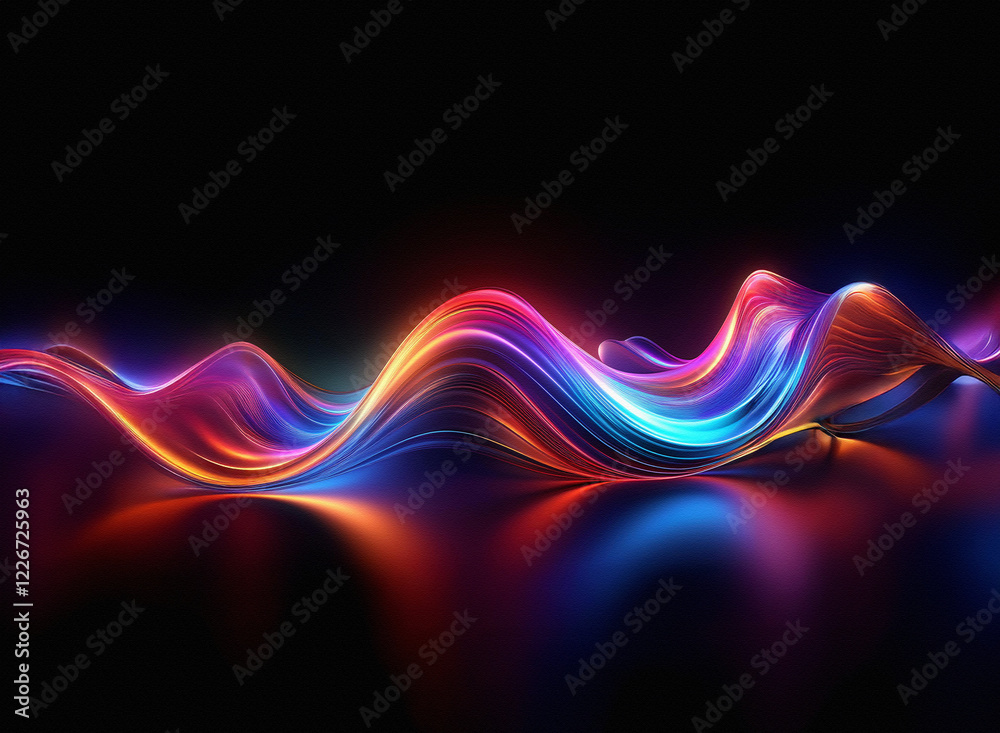 Poster abstract digital artwork depicting vibrant, glowing waves of red, orange, and blue light reflecting 