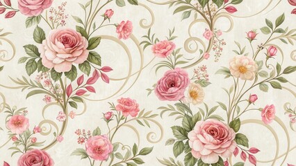 Elegant Pink Rose Floral Pattern on a Light Beige Background