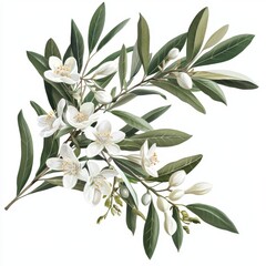 Beautiful Orange Blossom Branch with White Flowers and Green Leaves in a Natural Arrangement