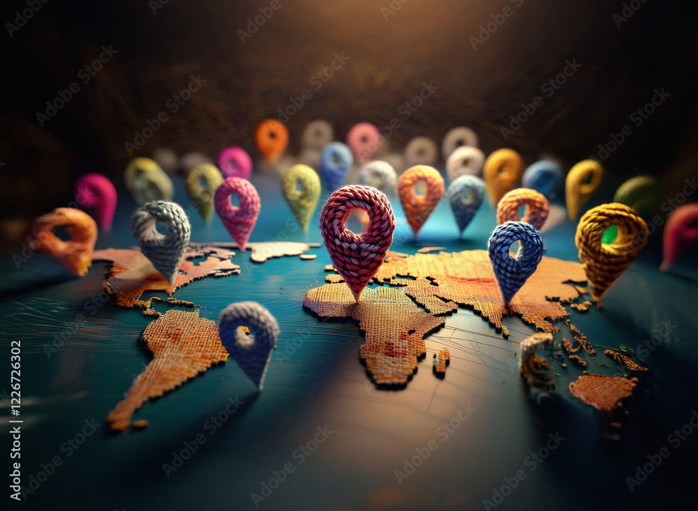 Poster A world map displays numerous colorful location markers, symbolizing global connectivity and widespread reach.  The lighting emphasizes a sense of discovery and exploration.