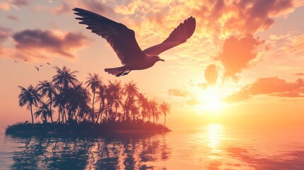 Serene sunset over a tropical island with a bird soaring across a vibrant sky