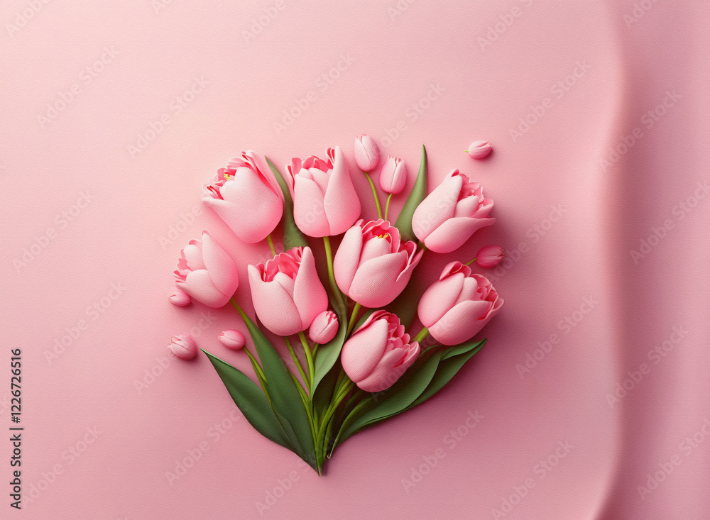 Poster a delightful cluster of light pink tulips arranged on a pink background. the tulips appear smooth, a