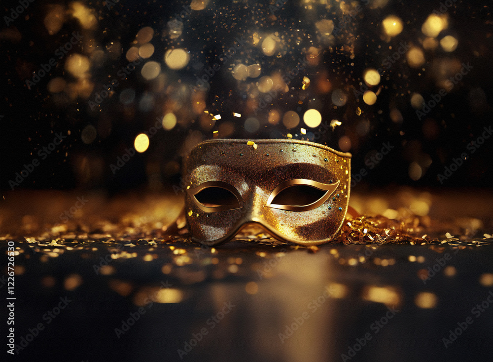 Poster a golden masquerade mask rests on a dark surface amidst scattered gold confetti and sparkling bokeh.
