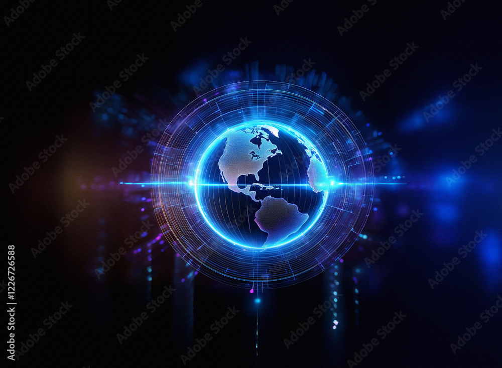 Leinwandbilder A glowing digital globe, encircled by futuristic technology, symbolizes global connection and digital innovation.  Data streams flow around it, highlighting the interconnected world.