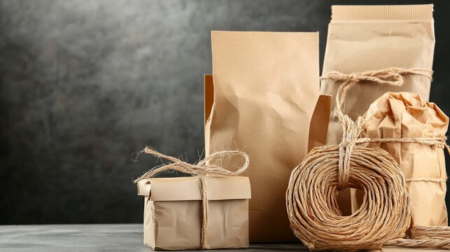 Brown paper bags and natural twine on gray surface packaging close-up