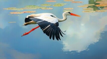 Obraz premium Stork glides gracefully over a serene pond filled with lily pads on a calm day