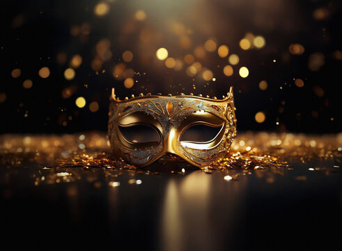 Elegant gold masquerade mask rests on glittering surface, bathed in warm light, surrounded by bokeh.  A sense of mystery and celebration is evoked.