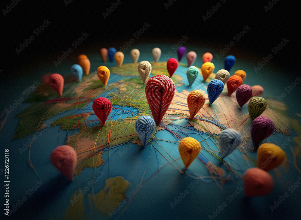 Poster a yarn-globe depicts numerous colorful location markers scattered across a world map, symbolizing gl