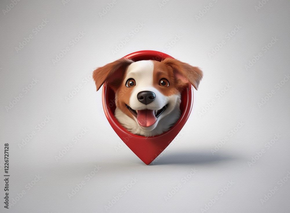 Poster a happy dog's head, rendered in 3d, is nestled within a red location pin. the image is set against a