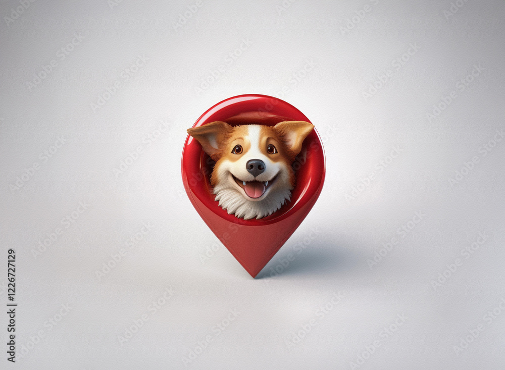 Poster a cheerful corgi dog's face peeks happily from a red map pin, set against a minimalist grey backgrou