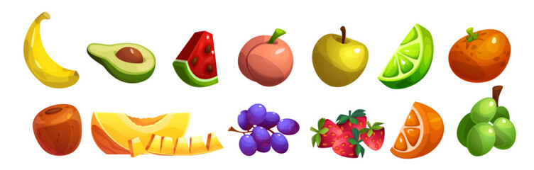 Summer fruit set with bright banana, fresh avocado, juicy watermelon, ripe apples, zesty citrus, sweet melon, purple grapes, red strawberry and tropical orange pieces for healthy menu or vitamin food.